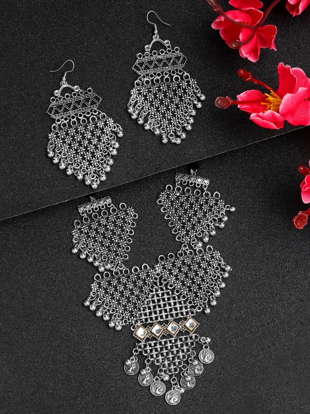 YouBella Jewellery Oxidised Silver Necklace Jewellery Set with Earrings for Girls and Women (Silver) (YBNK_50521)
